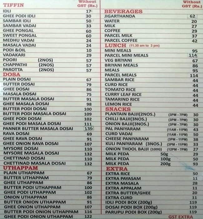 Murugan Idli Shop Menu Card