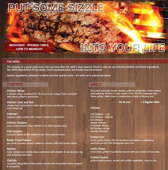 Menu at Toro's steakhouse, Birmingham