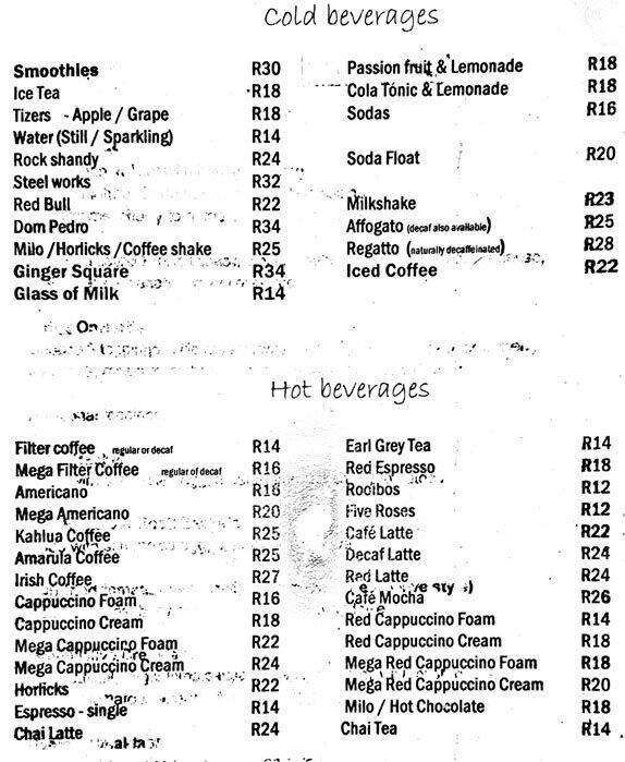 Menu at Green Olive Restaurant, Pretoria