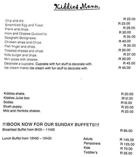 Menu at Green Olive Restaurant, Pretoria