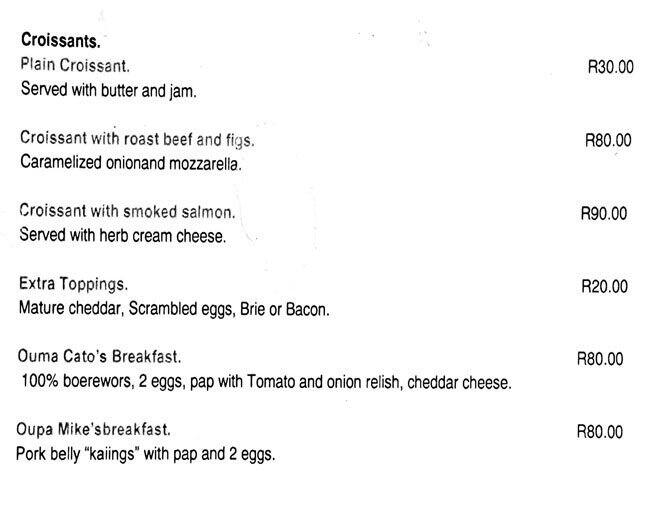 Menu at Green Olive Restaurant, Pretoria