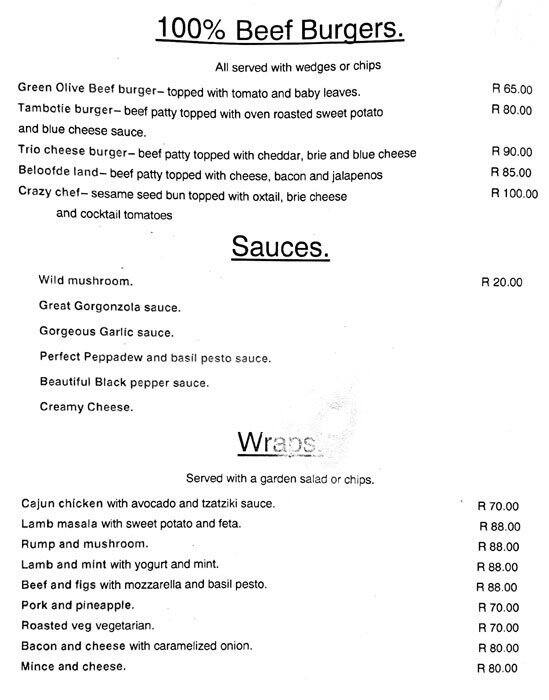 Menu at Green Olive Restaurant, Pretoria
