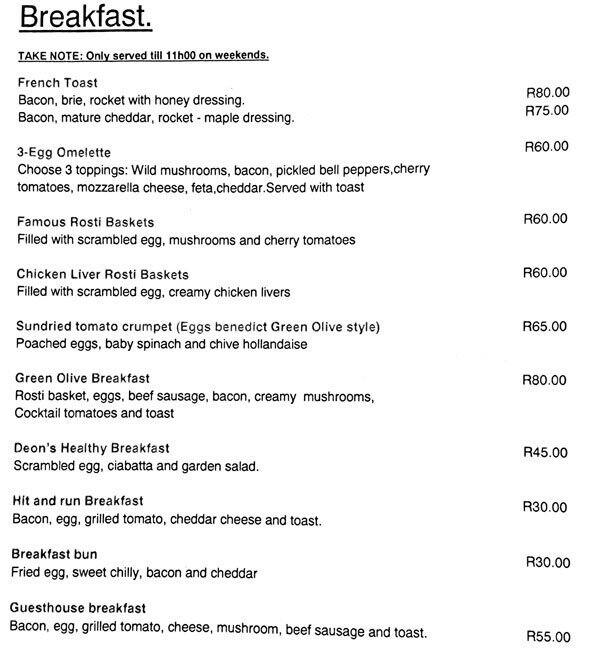 Menu at Green Olive Restaurant, Pretoria