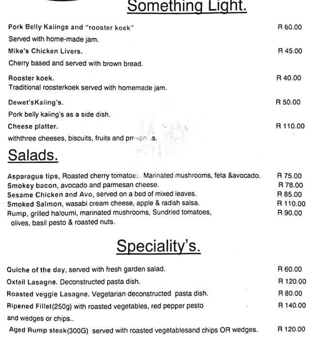 Menu at Green Olive Restaurant, Pretoria