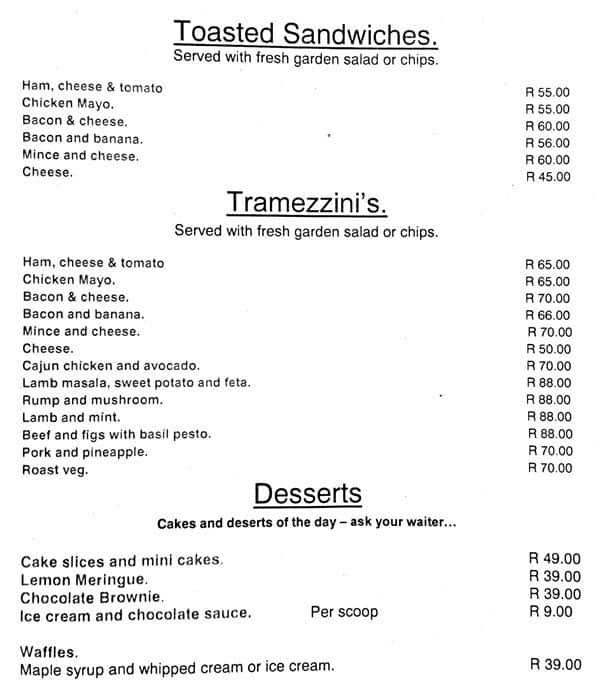 Menu at Green Olive Restaurant, Pretoria
