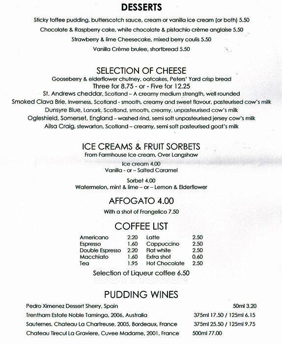 Menu at Fishers in the City restaurant, Edinburgh