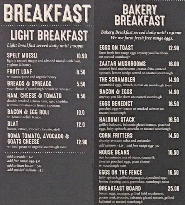 Sourdough Bakery & Co a Sydney Foto del Menu con Prezzi Urbanspoon