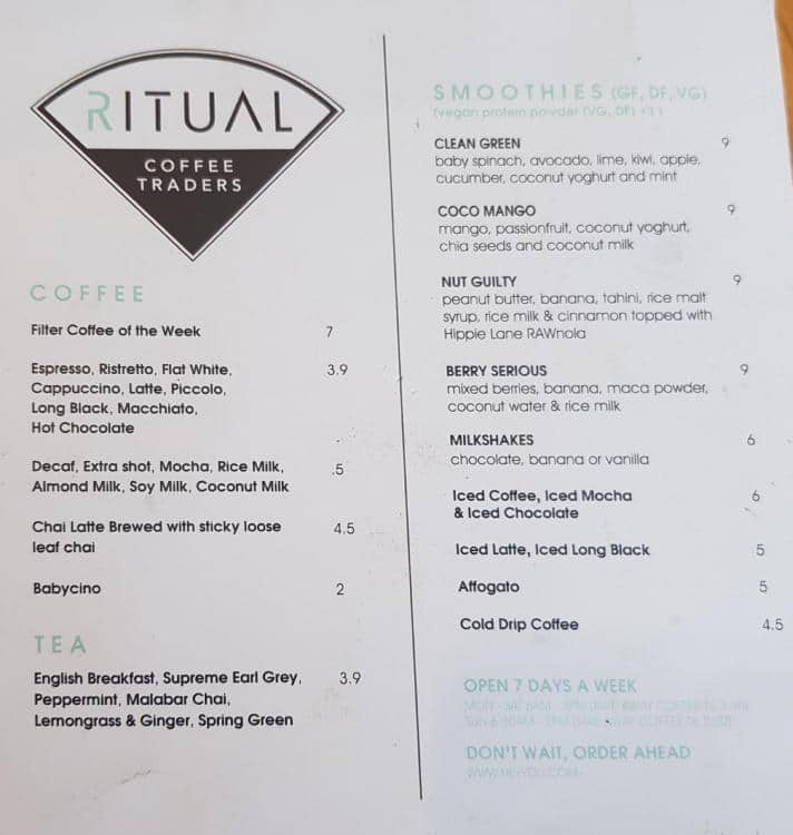 Ritual Coffee Traders Menu, Menu for Ritual Coffee Traders, Northbridge