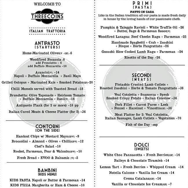 Threecoins Italian Trattoria Menu Urbanspoon/Zomato