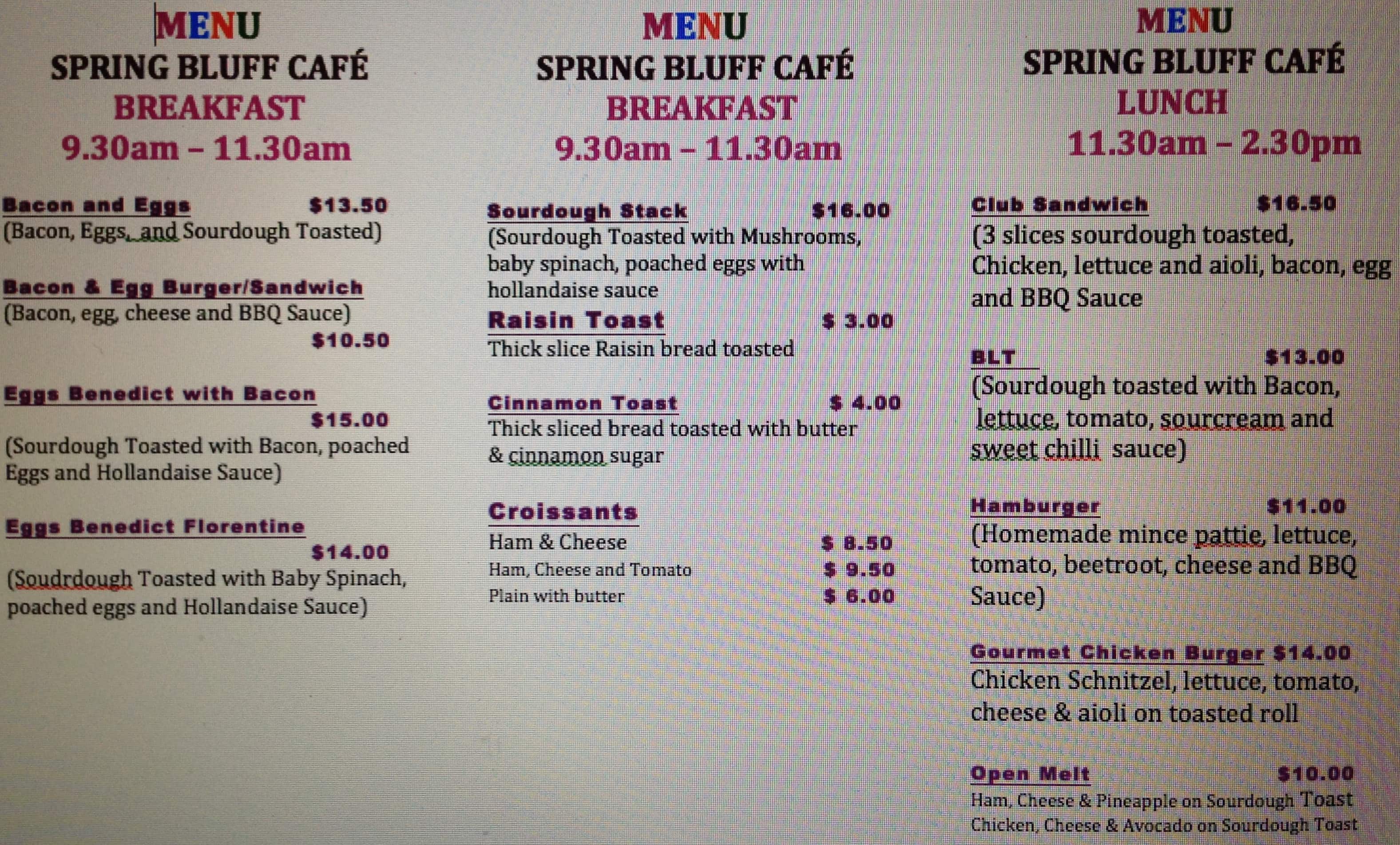 Spring Bluff Cafe menu, Menu restauracji Spring Bluff Cafe, Highfields