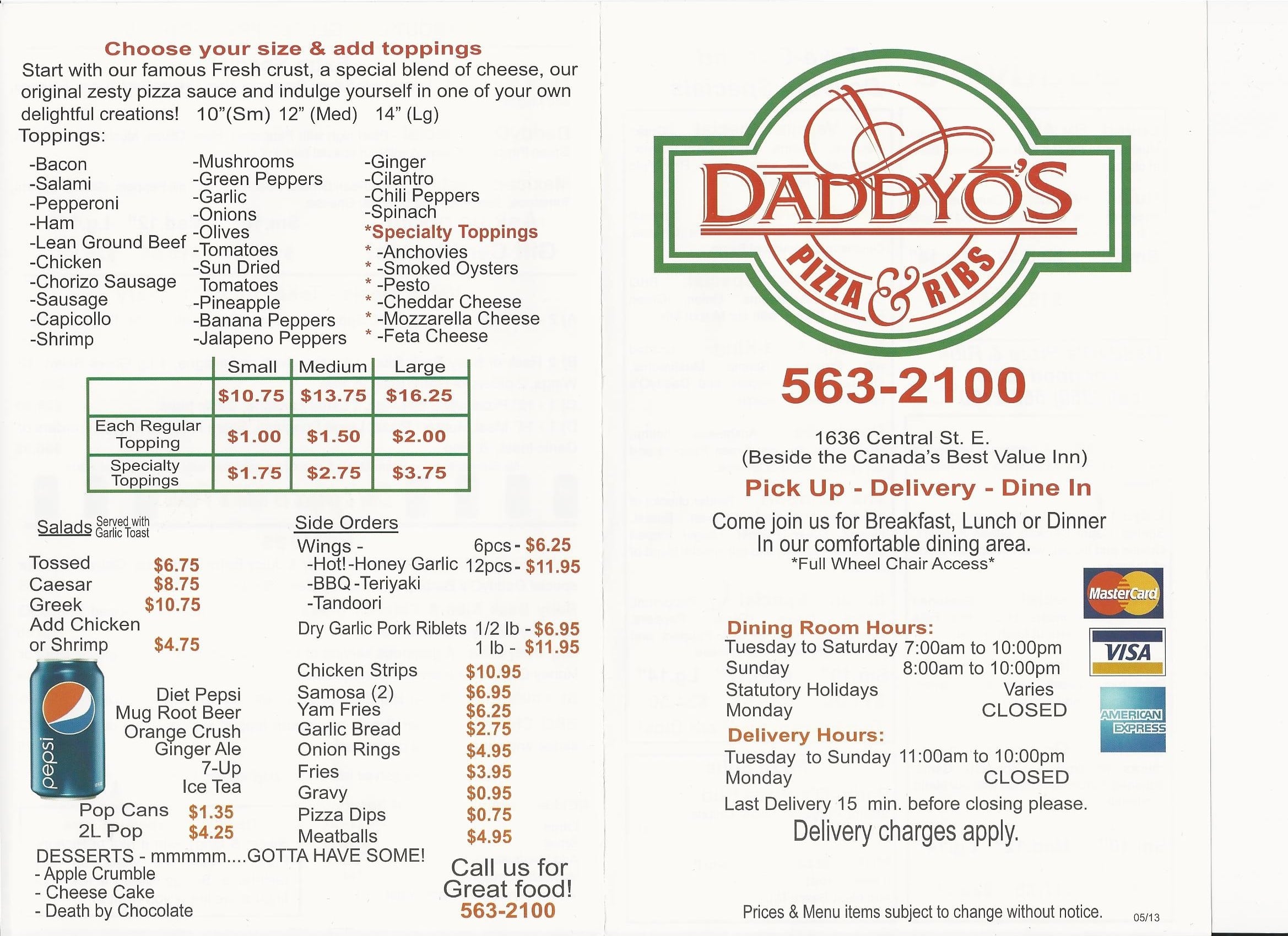 Menu at Daddyo's Pizza & Ribs steakhouse, Prince