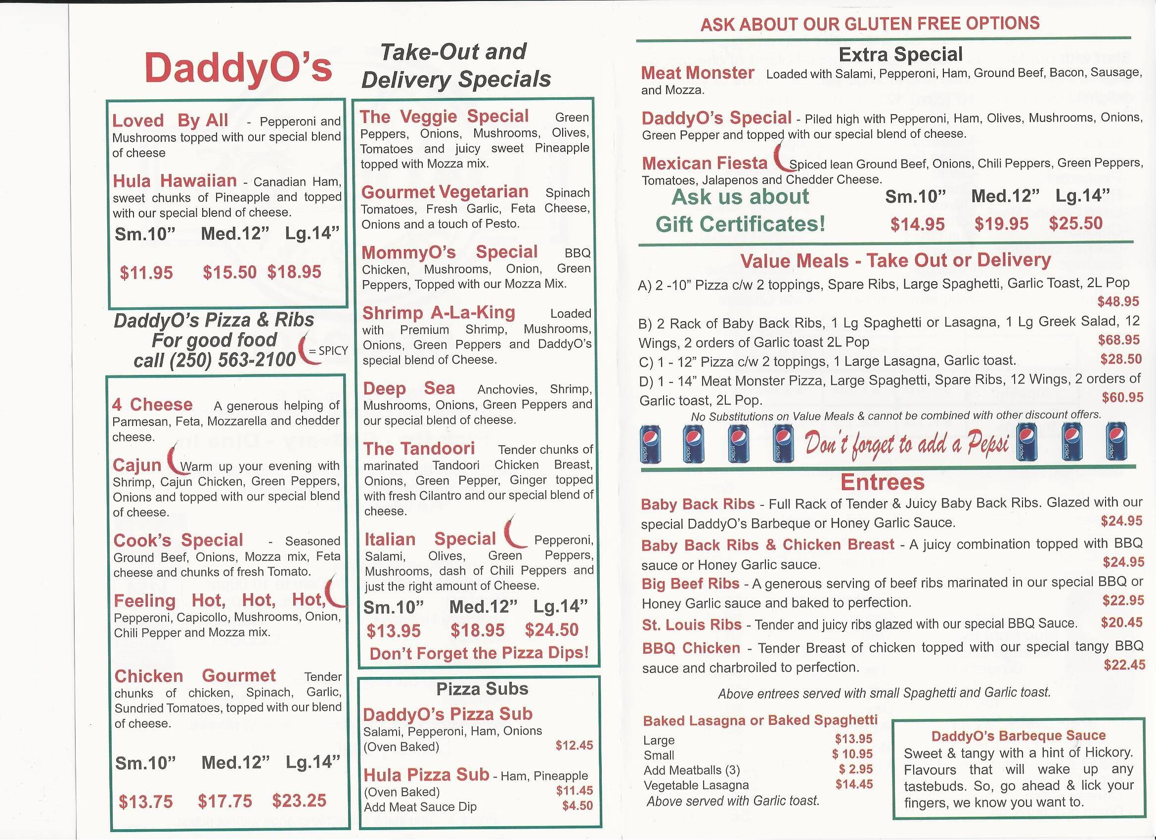 Menu at Daddyo's Pizza & Ribs steakhouse, Prince