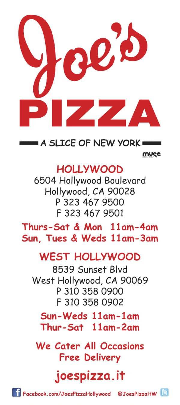 Joe's Pizza Menu, Menu for Joe's Pizza, Hollywood, Los Angeles