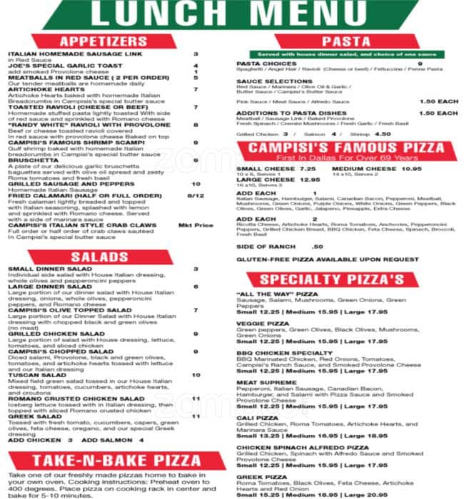 Campisi's Menu, Menu for Campisi's, West Plano, Plano Urbanspoon/Zomato