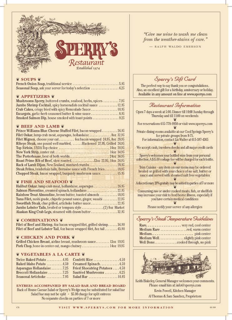 Menu at Sperry's Cool Springs steakhouse, Franklin, 650 Frazier Dr