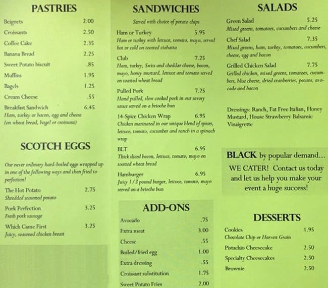 Black Cafe Menu, Menu untuk Black Cafe, Lafayette, Lafayette