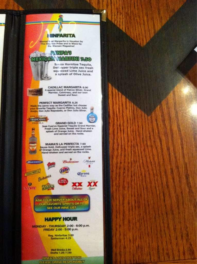 Menu at Ninfa's Mexican Restaurant, Waco