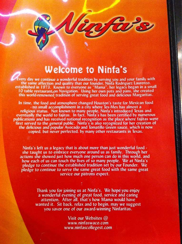 Menu at Ninfa's Mexican Restaurant, Waco