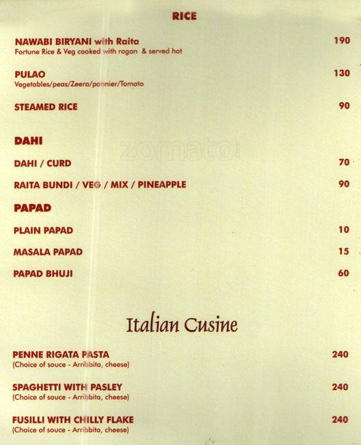 Hotel Millennium menu