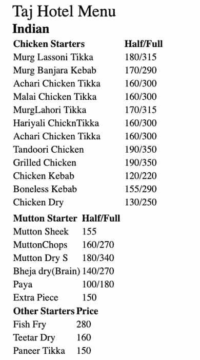 Menu At Cake Shop Of Taj Bengaluru