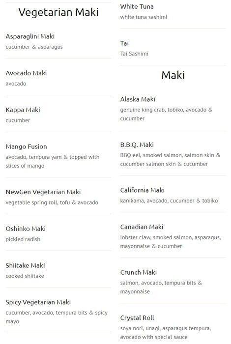 New Generation Sushi menu