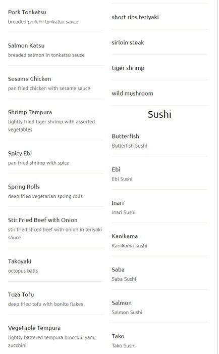 New Generation Sushi menu