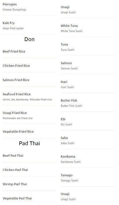New Generation Sushi menu