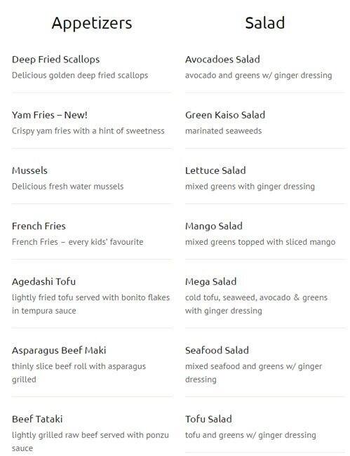 New Generation Sushi menu