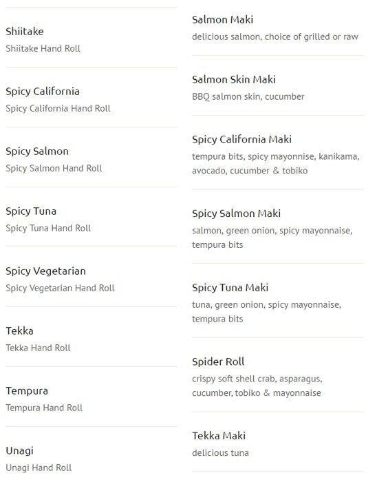 New Generation Sushi menu
