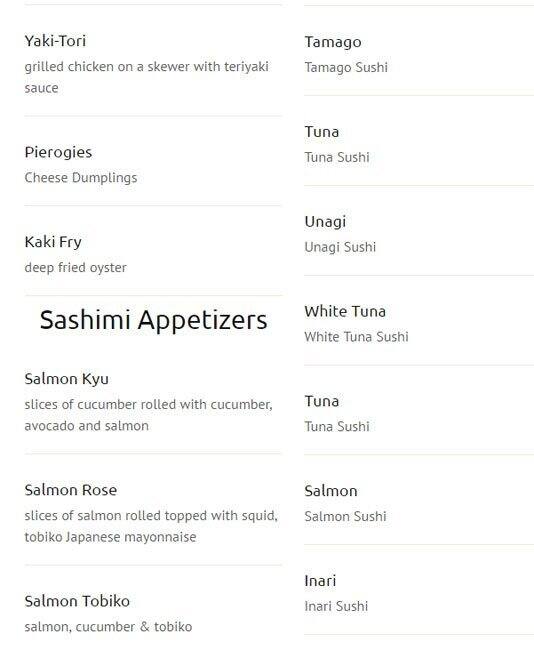 New Generation Sushi menu