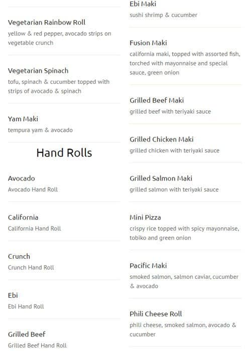 New Generation Sushi menu