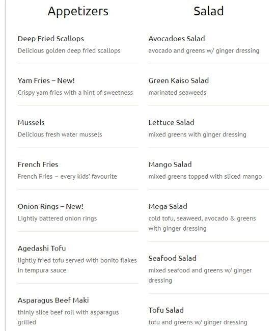 New Generation Sushi menu