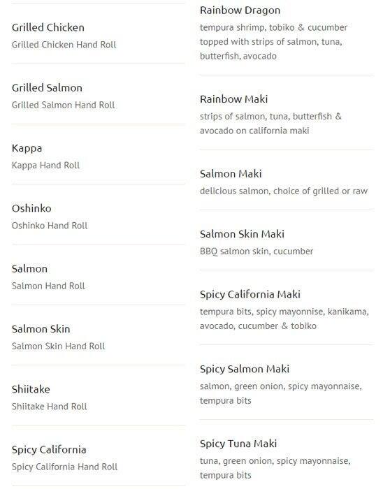 New Generation Sushi menu