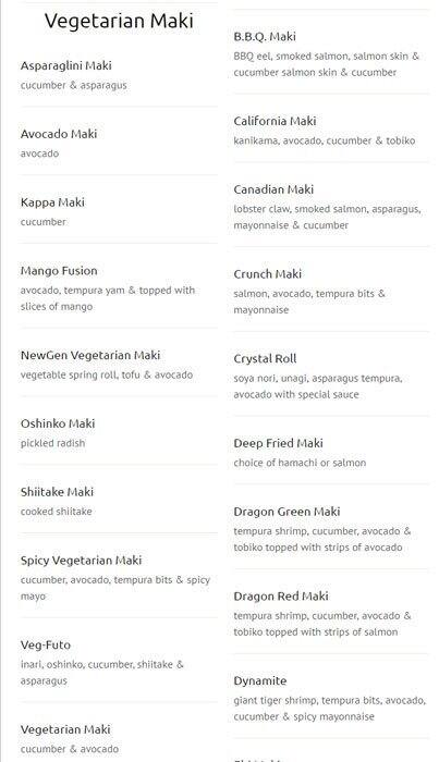 New Generation Sushi menu