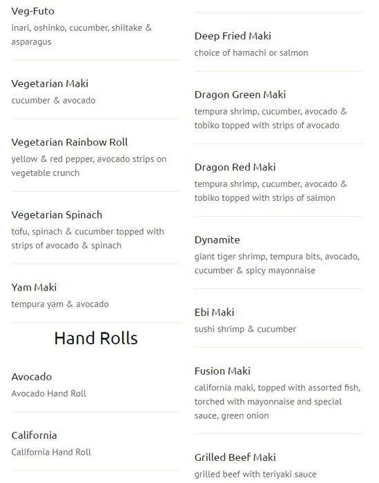 New Generation Sushi menu