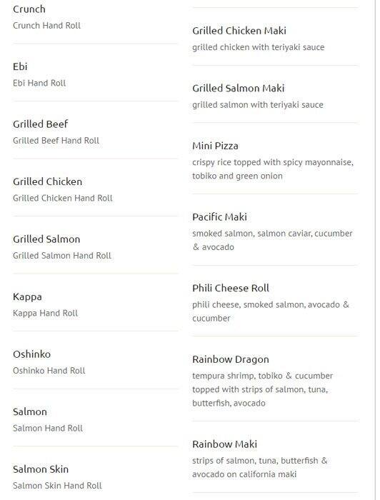 New Generation Sushi menu