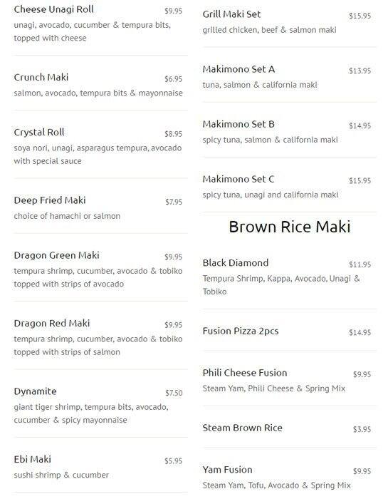 New Generation Sushi menu