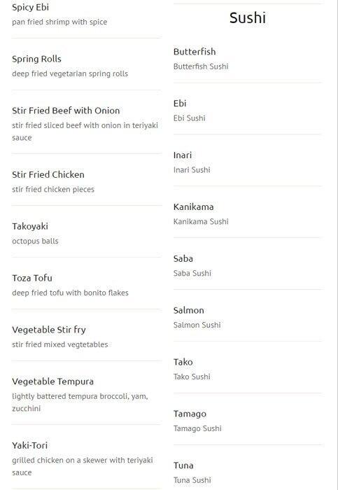New Generation Sushi menu