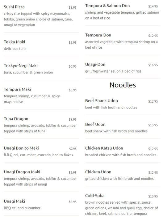 New Generation Sushi menu