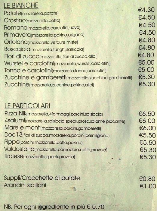 Menu da Pizzeria Tavola Calda, Roma, Via Filippo Fiorentini