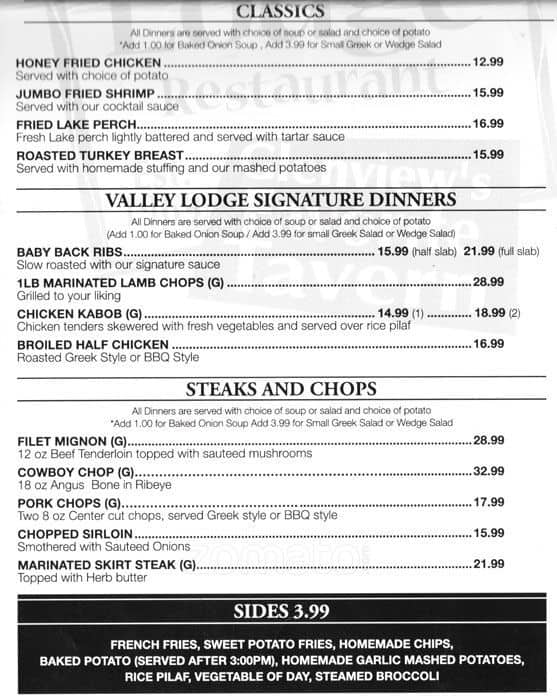 Menu at Valley Lodge Restaurant, Glenview