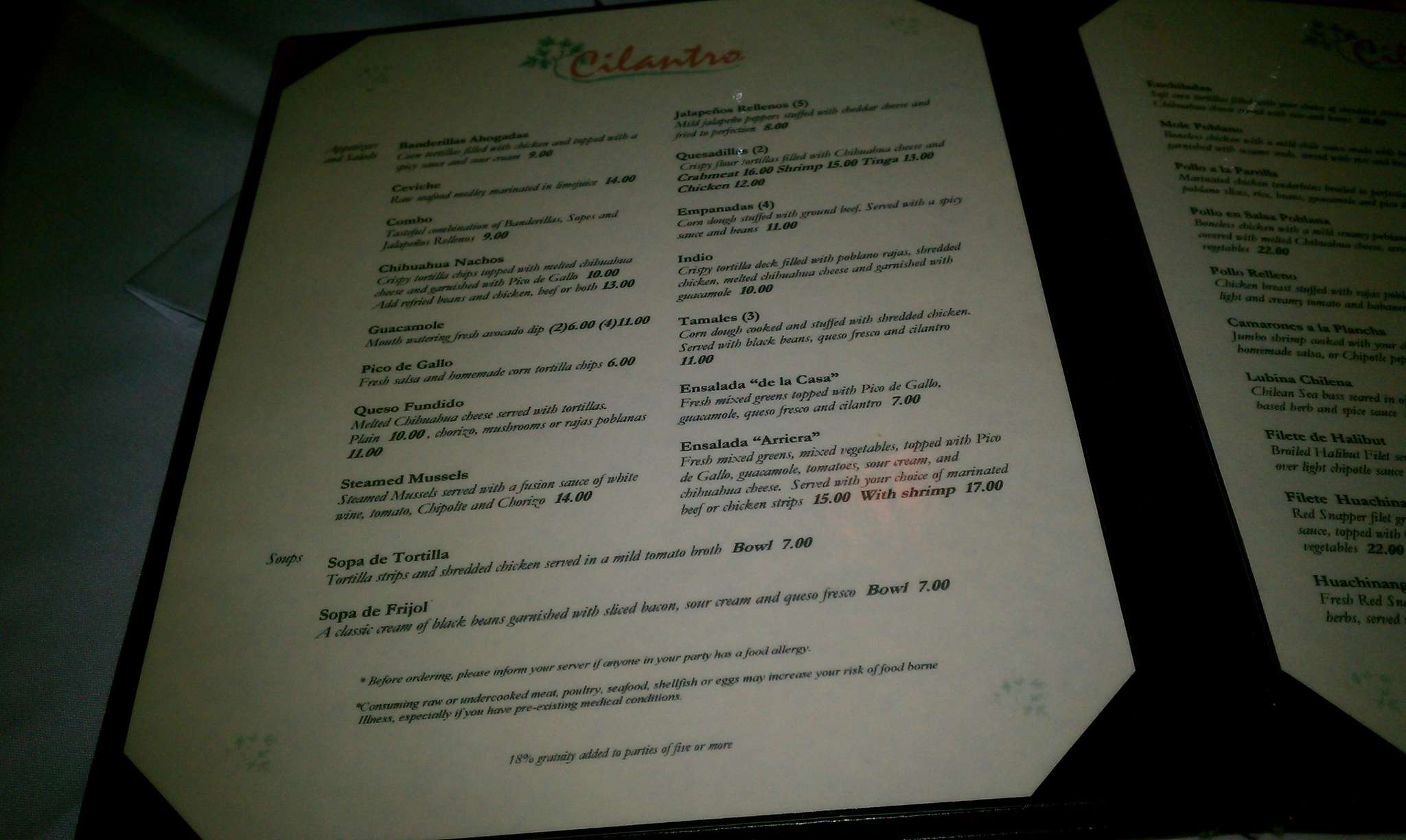 Cilantro INC. menu, Menu restauracji Cilantro INC., Salem, Boston