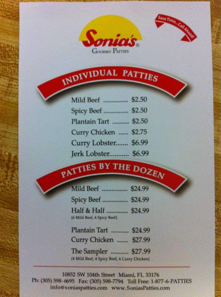 Menu at Sonia's Patties restaurant, Miami, SW 104th St