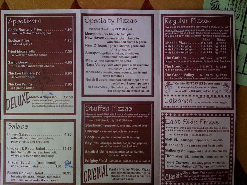 Metro Pizza Menu, Menu for Metro Pizza, Paradise, Las Vegas