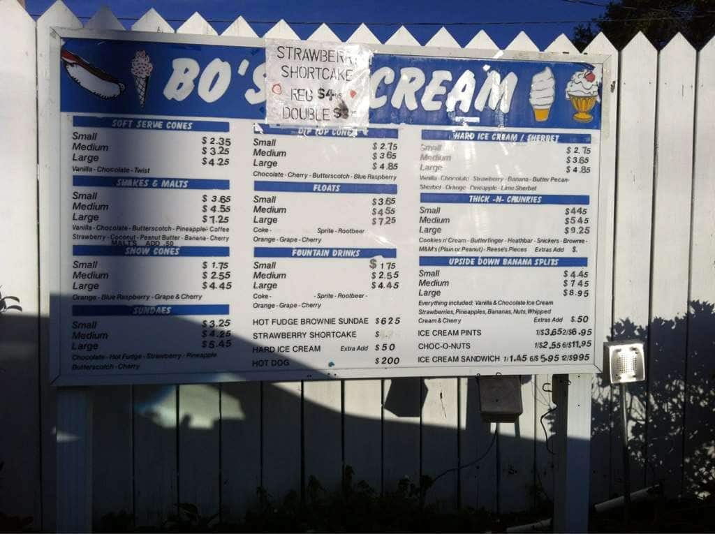 Bo's Ice Cream Menu, Menu for Bo's Ice 