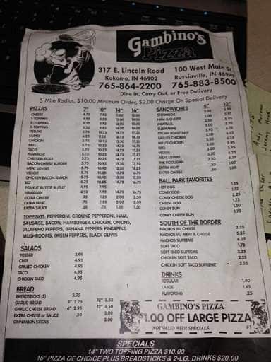 Menu at Gambinos pizzeria, Russiaville, 100 W Main St
