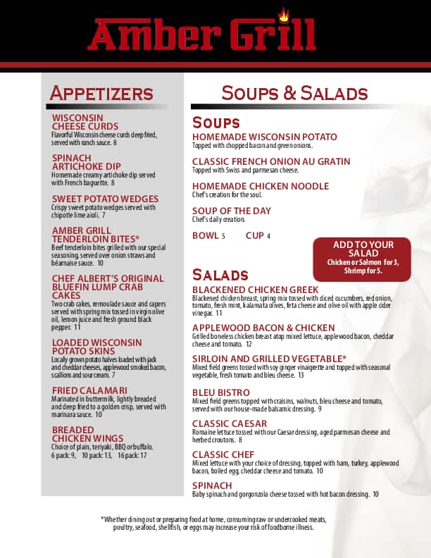 Menu at Amber Grill pub & bar, Stevens Point