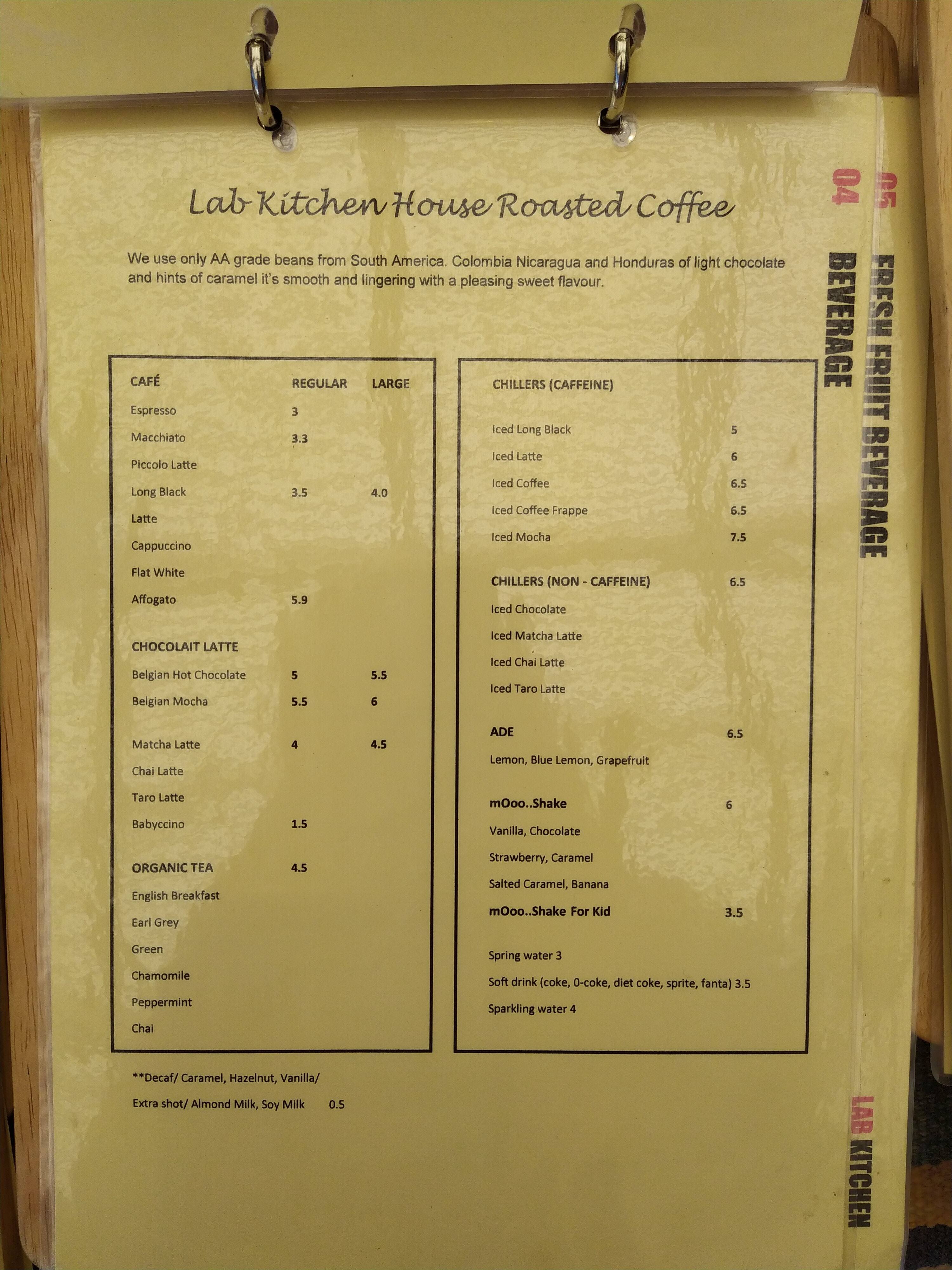Menu at Lab Kitchen cafe, Five Dock
