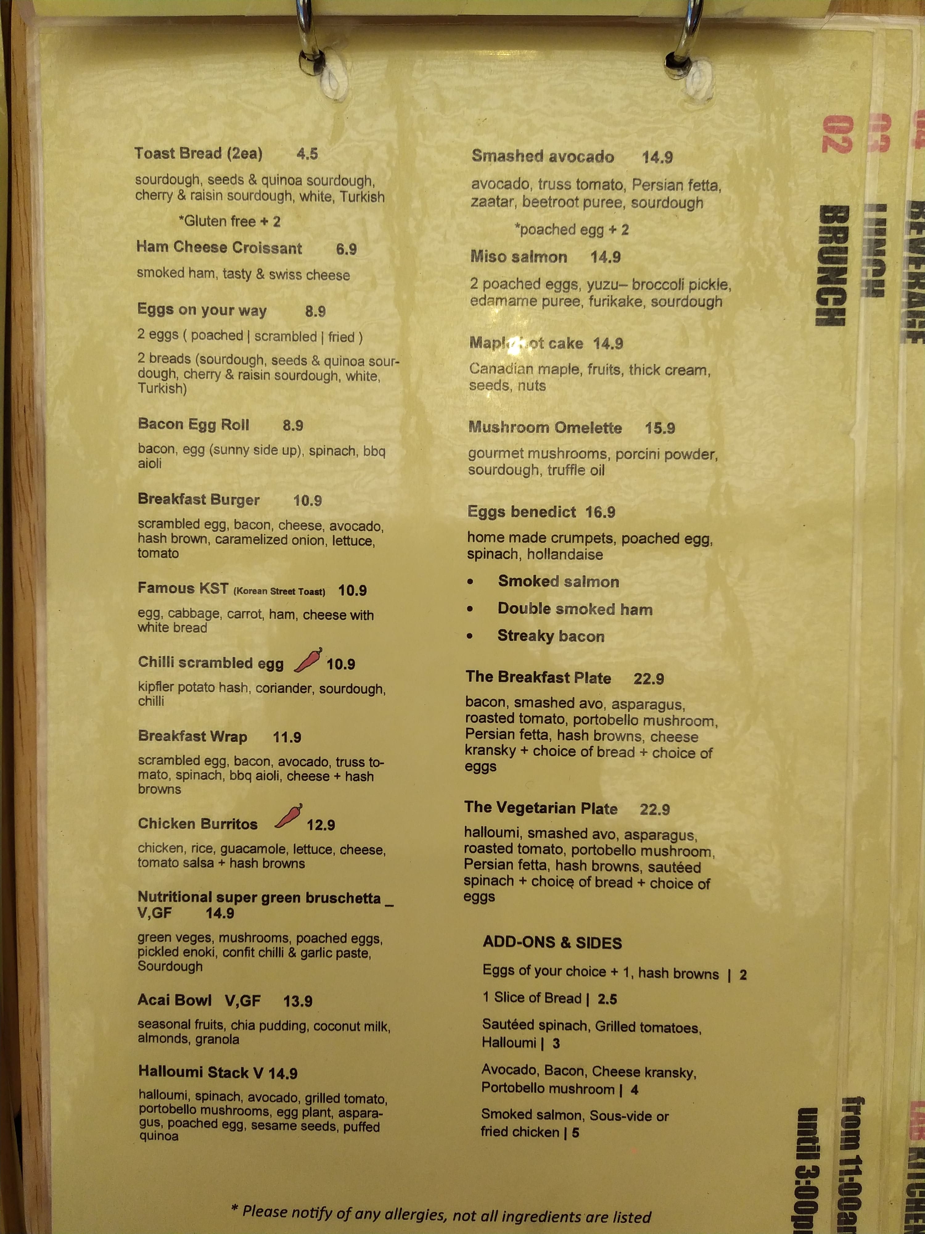 Menu at Lab Kitchen cafe, Five Dock