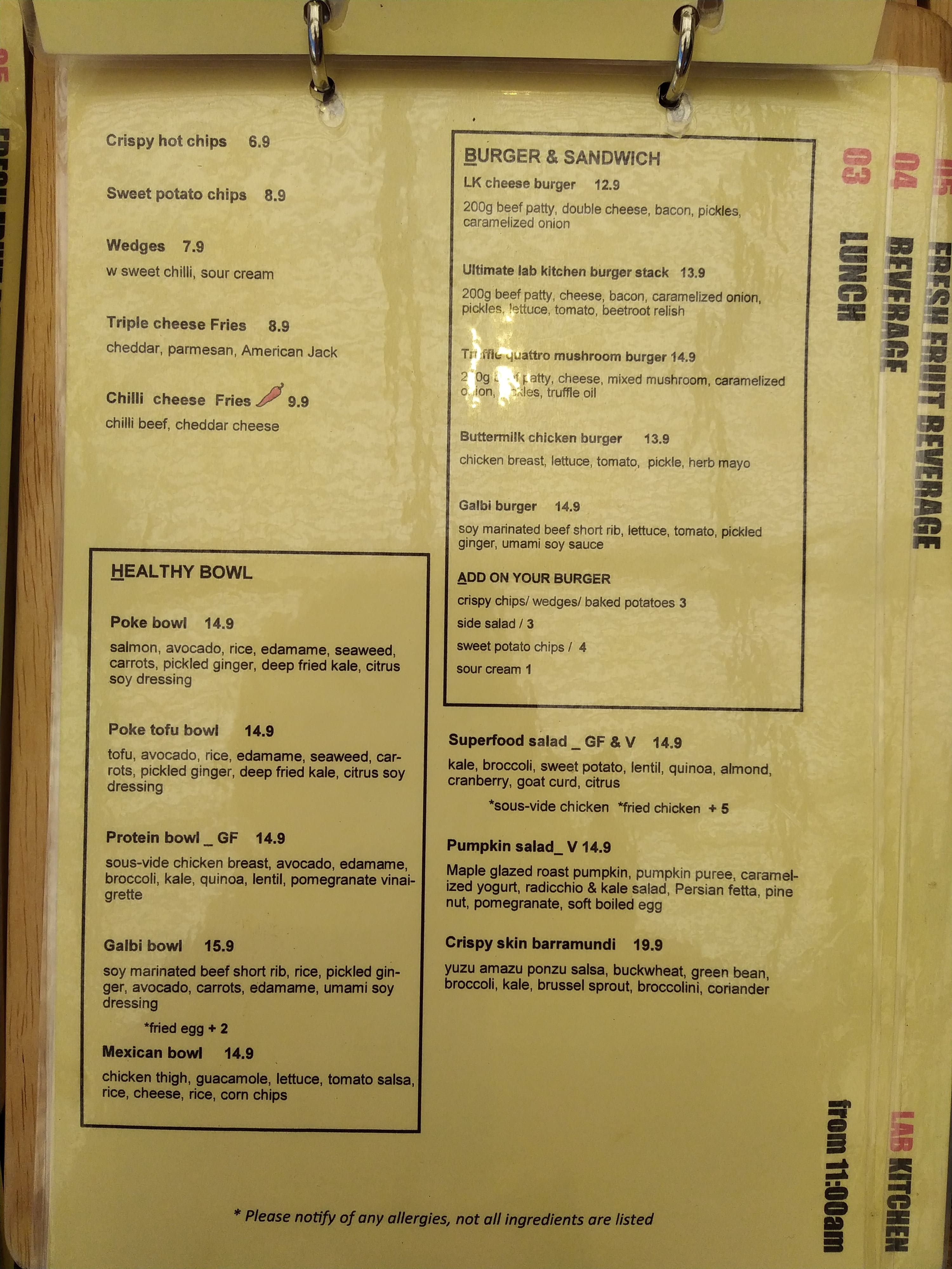 Menu at Lab Kitchen cafe, Five Dock